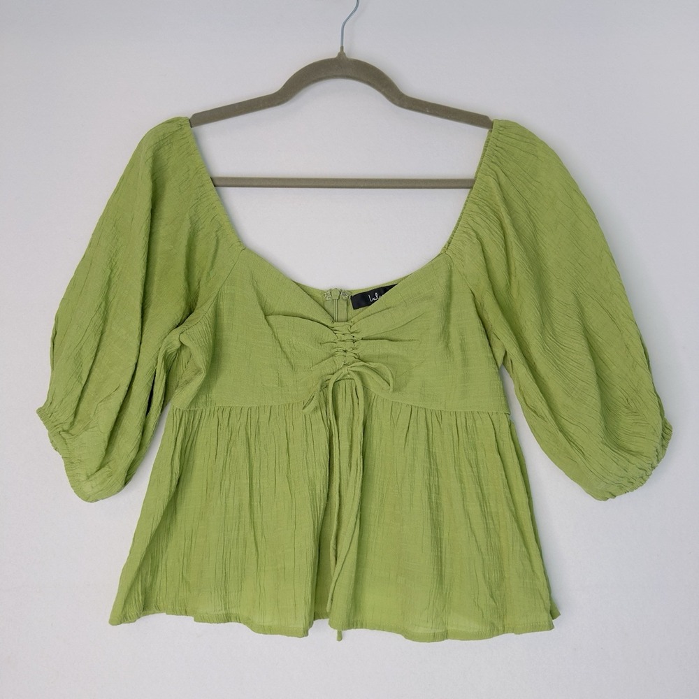Lulus Green Textured Puff‎ Sleeve Square Neck Ruched Tie Front Peplum Top Size S